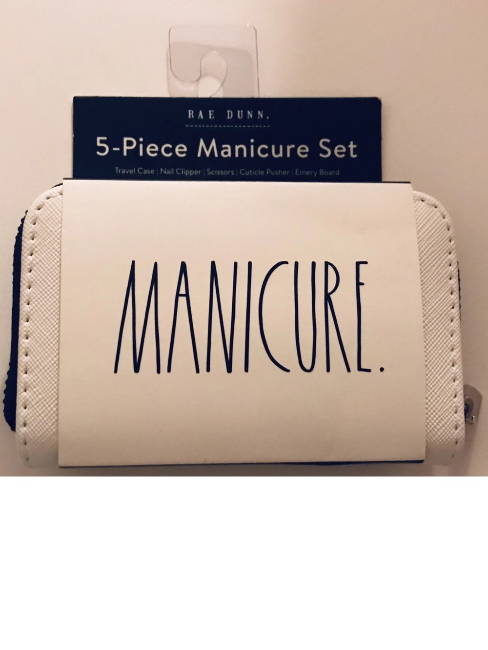 Rae Dunn White Manicure Set with Navy Lettering